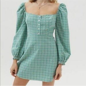 Urban Outfitters green plaid gingham long puff sleeve mini dress